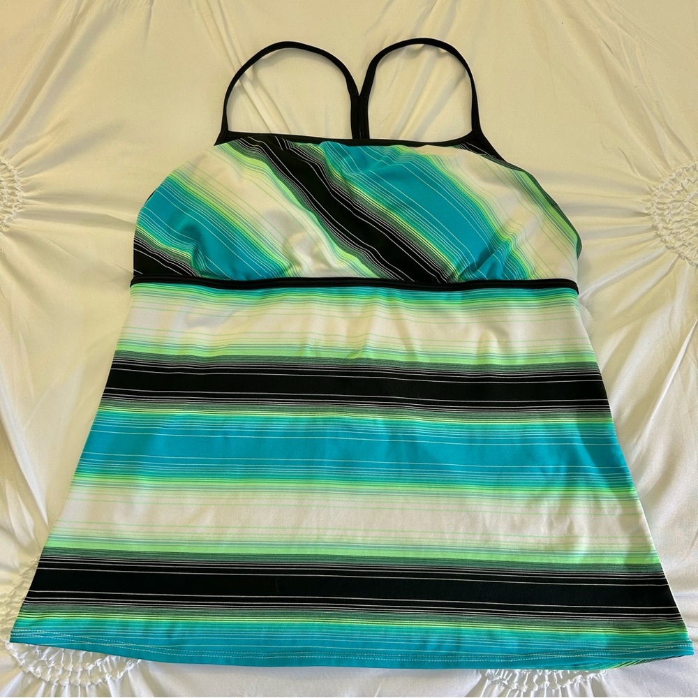 Nike Green, Blue & Black Stripe Criss Cross Back Built in Bra Tankini Sz 12